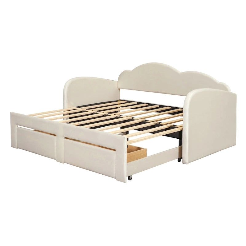 Lit de jour rembourré format simple avec dossier en forme de nuage, lit gigogne, 2 tiroirs et ports USB, beige