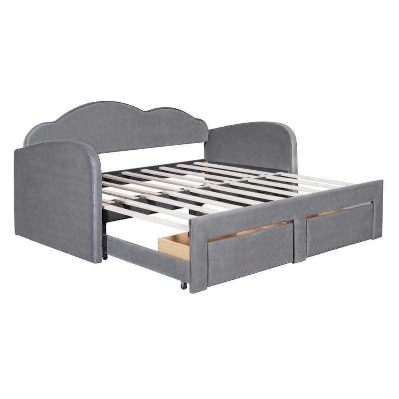 Lit de jour rembourré format simple avec dossier en forme de nuage, lit gigogne, 2 tiroirs et ports USB, beige