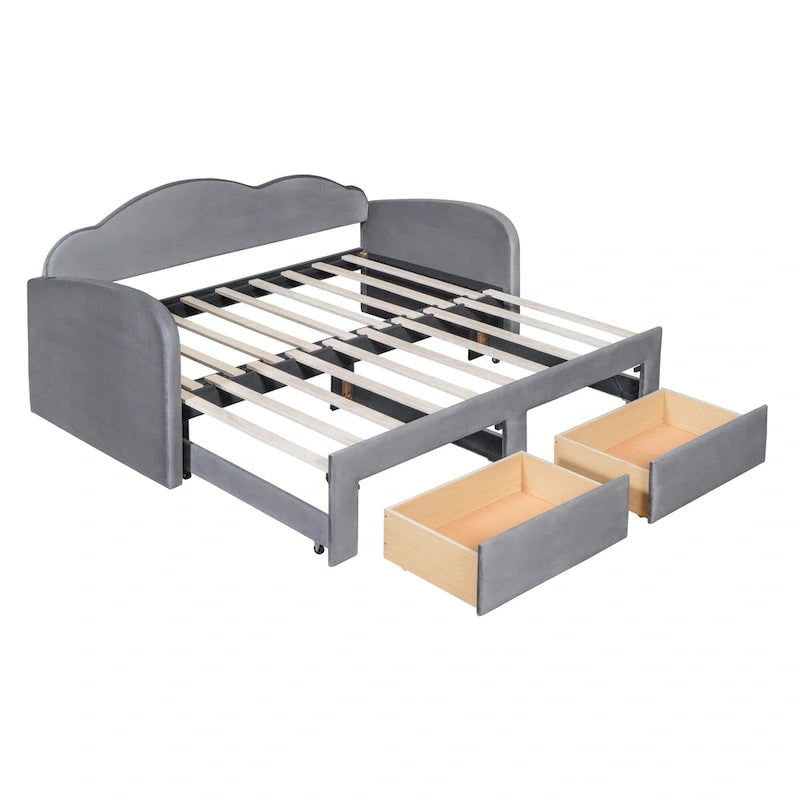 Lit de jour rembourré format simple avec dossier en forme de nuage, lit gigogne, 2 tiroirs et ports USB, beige