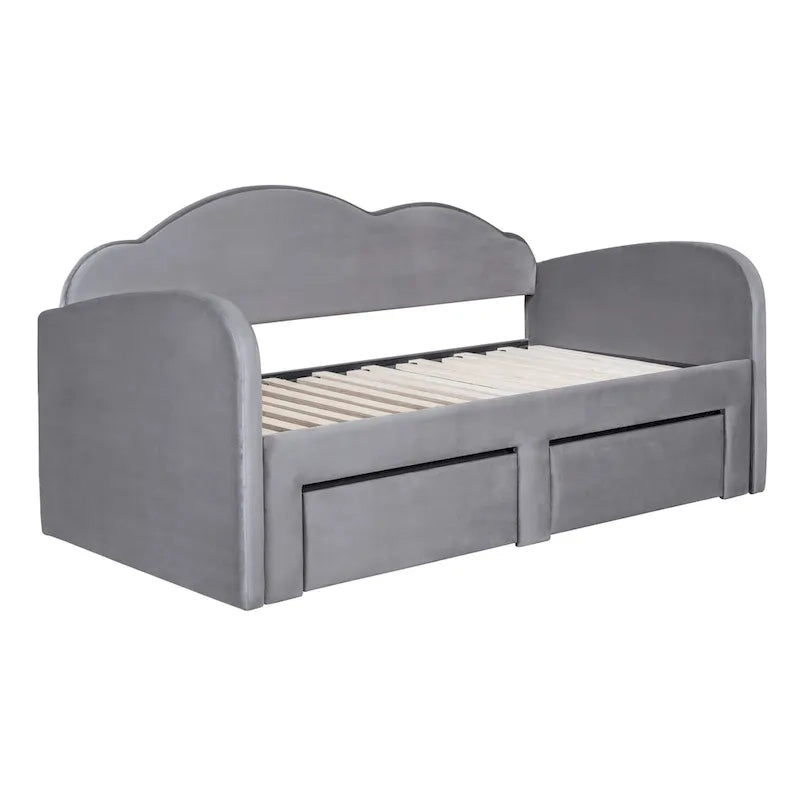 Lit de jour rembourré format simple avec dossier en forme de nuage, lit gigogne, 2 tiroirs et ports USB, beige