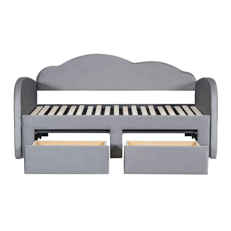 Lit de jour rembourré format simple avec dossier en forme de nuage, lit gigogne, 2 tiroirs et ports USB, beige