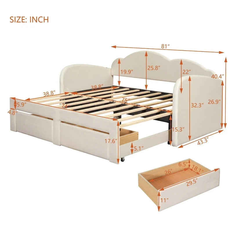 Lit de jour rembourré format simple avec dossier en forme de nuage, lit gigogne, 2 tiroirs et ports USB, beige