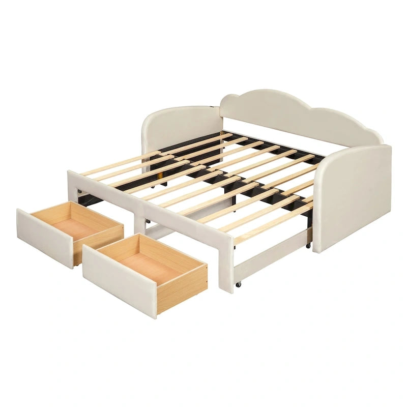 Lit de jour rembourré format simple avec dossier en forme de nuage, lit gigogne, 2 tiroirs et ports USB, beige