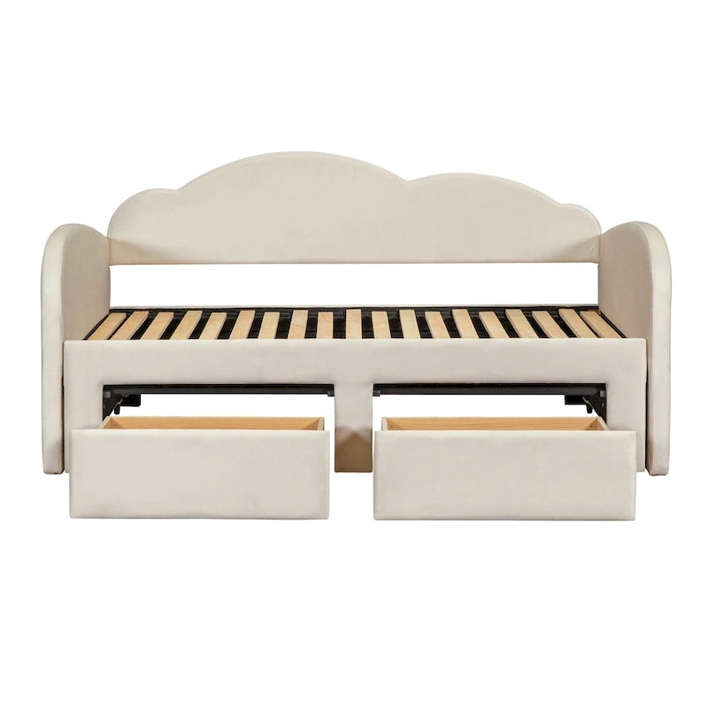 Lit de jour rembourré format simple avec dossier en forme de nuage, lit gigogne, 2 tiroirs et ports USB, beige