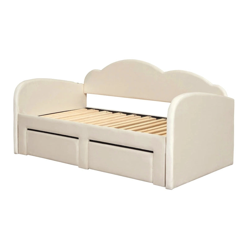Lit de jour rembourré format simple avec dossier en forme de nuage, lit gigogne, 2 tiroirs et ports USB, beige
