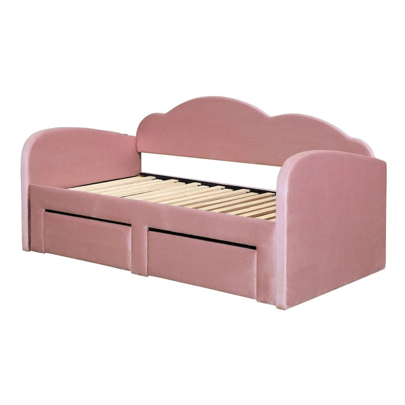 Lit de jour rembourré format simple avec dossier en forme de nuage, lit gigogne, 2 tiroirs et ports USB, beige