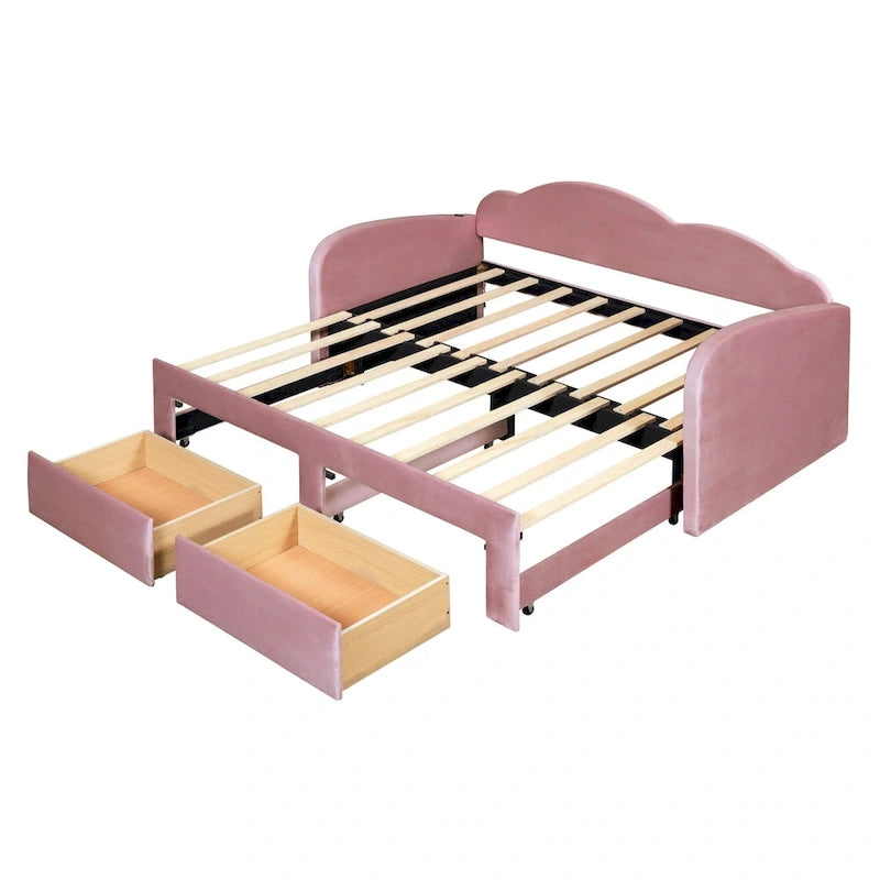 Lit de jour rembourré format simple avec dossier en forme de nuage, lit gigogne, 2 tiroirs et ports USB, beige