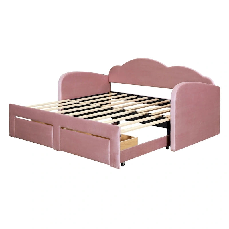Lit de jour rembourré format simple avec dossier en forme de nuage, lit gigogne, 2 tiroirs et ports USB, beige