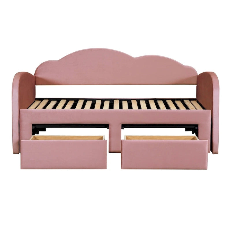 Lit de jour rembourré format simple avec dossier en forme de nuage, lit gigogne, 2 tiroirs et ports USB, beige