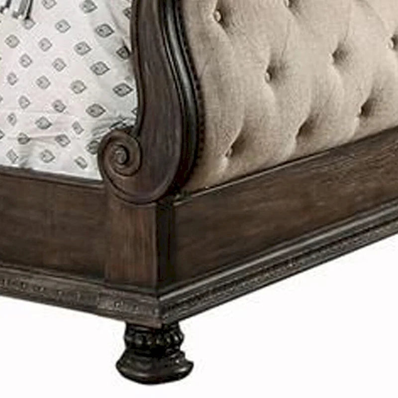 Cama California King con cabecero y piecero tipo trineo, marrón y beige