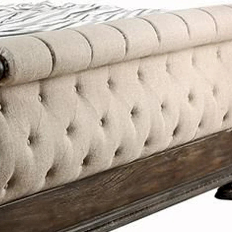 Cama California King con cabecero y piecero tipo trineo, marrón y beige