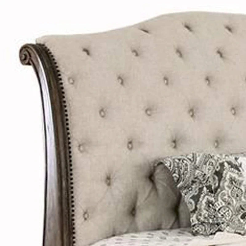 Cama California King con cabecero y piecero tipo trineo, marrón y beige