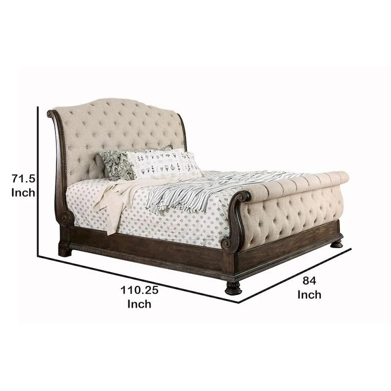 Cama California King con cabecero y piecero tipo trineo, marrón y beige