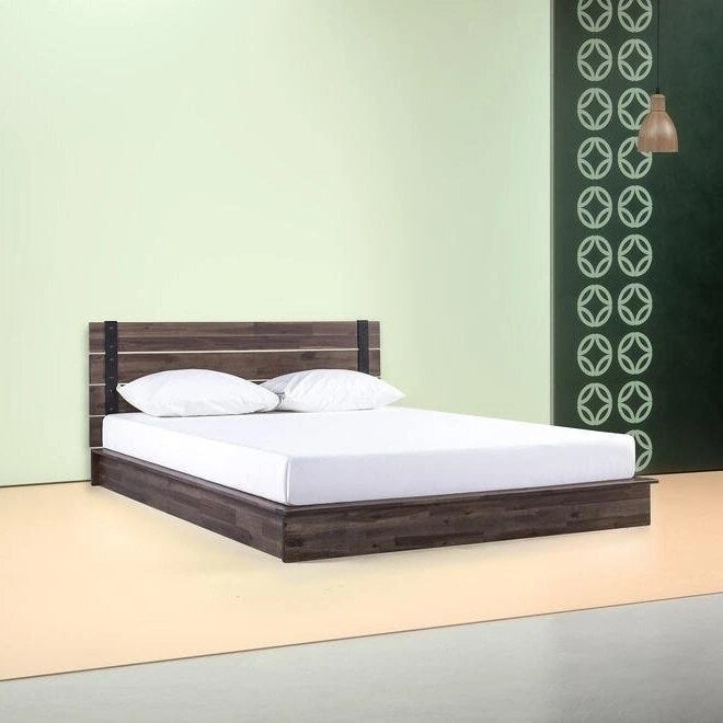 Cama de plataforma baja estilo industrial rústico de madera, tamaño Full