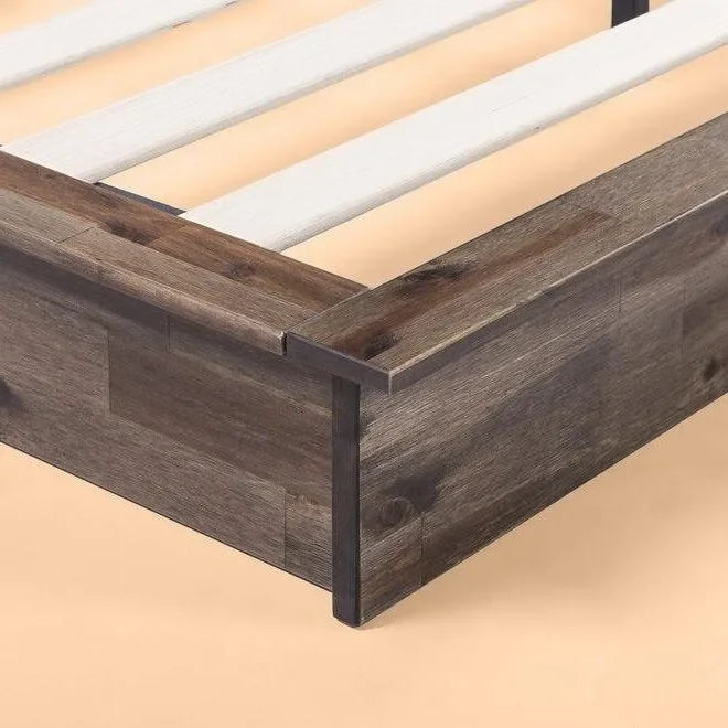 Cama de plataforma baja estilo industrial rústico de madera, tamaño Full