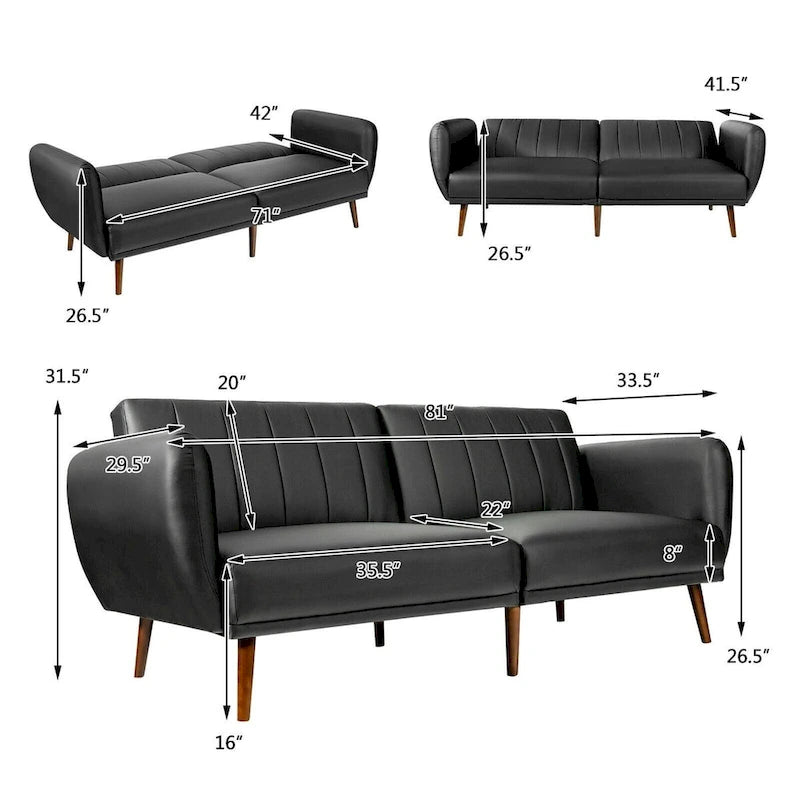 Verwandelbares Futon-Schlafsofa aus Kunstleder mit verstellbarer Rückenlehne und Holzbeinen - 81 x 33.5 x 31.5 (L x W x H)