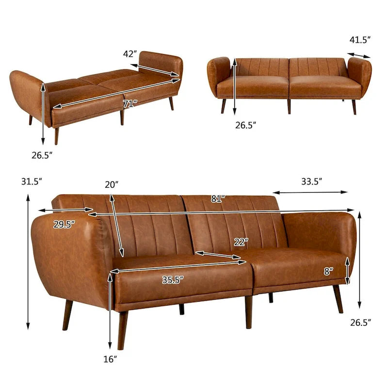 Canapé-lit futon convertible en similicuir PU, dossier réglable et pieds en bois - 81 x 33.5 x 31.5 (L x W x H)