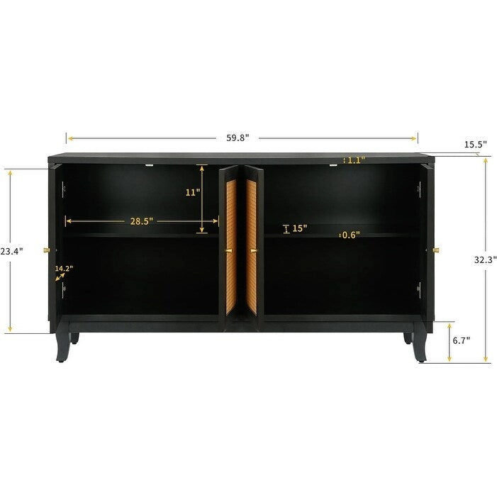 Aparador artesanal de calidad superior con paneles de ratán y 4 puertas de ratán