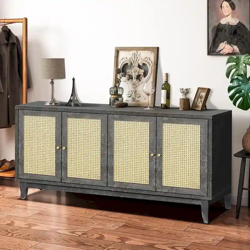 Handgefertigtes Sideboard aus hochwertigen Maserungsplatten und Rattan mit 4 Rattantüren