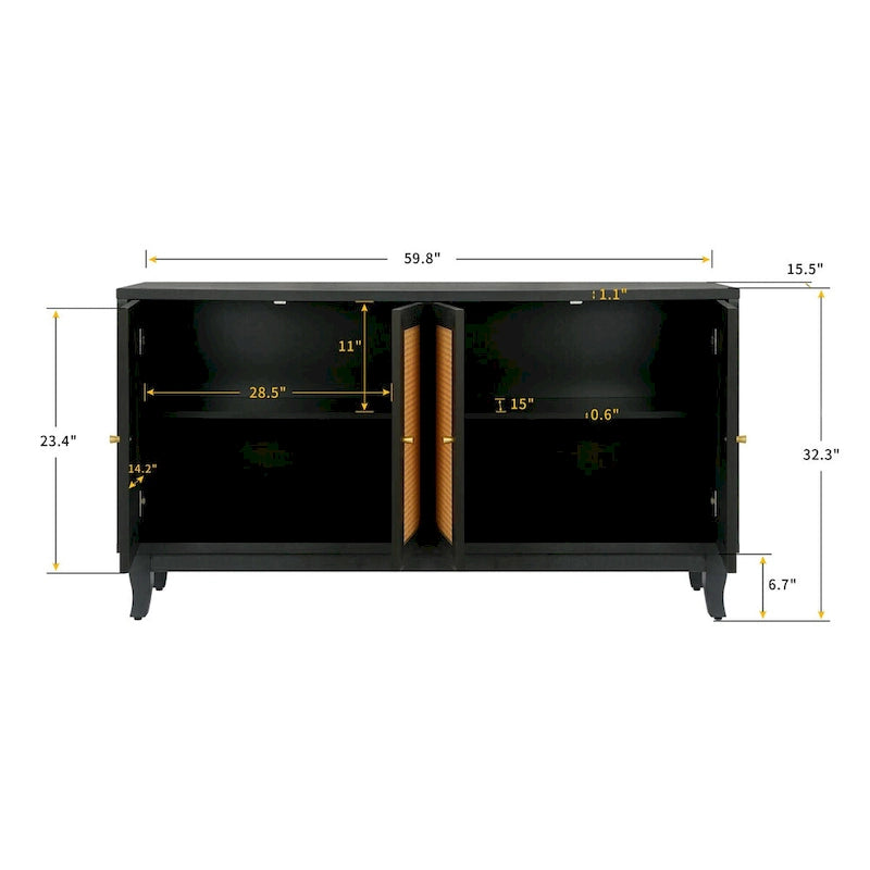 Handgefertigtes Sideboard aus hochwertigen Maserungsplatten und Rattan mit 4 Rattantüren