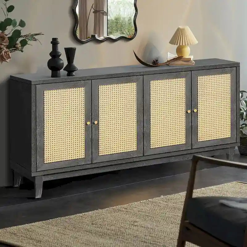 Handgefertigtes Sideboard aus hochwertigen Maserungsplatten und Rattan mit 4 Rattantüren