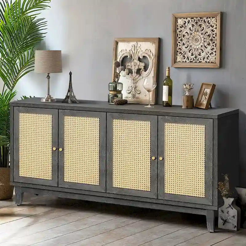 Handgefertigtes Sideboard aus hochwertigen Maserungsplatten und Rattan mit 4 Rattantüren