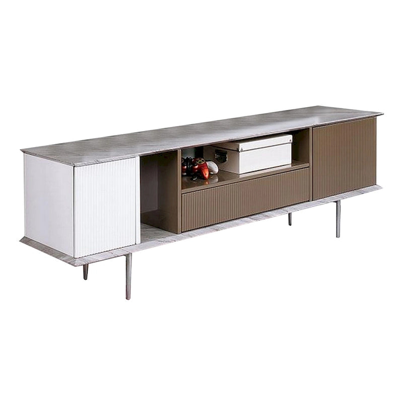 Meuble télé de 70 pouces, avec 1 tiroir et des étagères, blanc, brun, gris