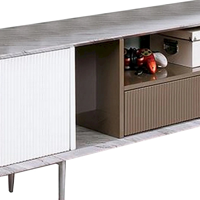 Meuble télé de 70 pouces, avec 1 tiroir et des étagères, blanc, brun, gris