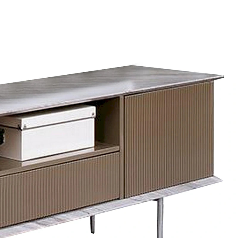 Meuble télé de 70 pouces, avec 1 tiroir et des étagères, blanc, brun, gris