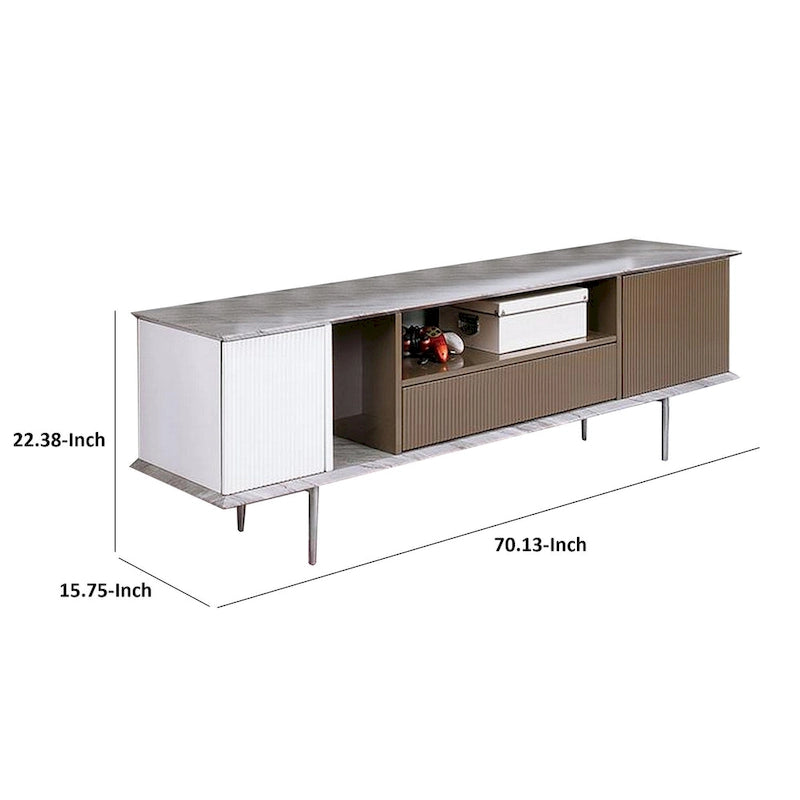 Mueble para TV de 70 pulgadas, 1 cajón, estantes, blanco, marrón, gris
