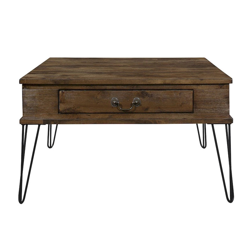 Quadratischer Cocktail-Couchtisch, 32 Zoll, mit 2 Schubladen, braunem Holz und schwarzen Elementen