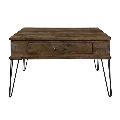 Quadratischer Cocktail-Couchtisch, 32 Zoll, mit 2 Schubladen, braunem Holz und schwarzen Elementen