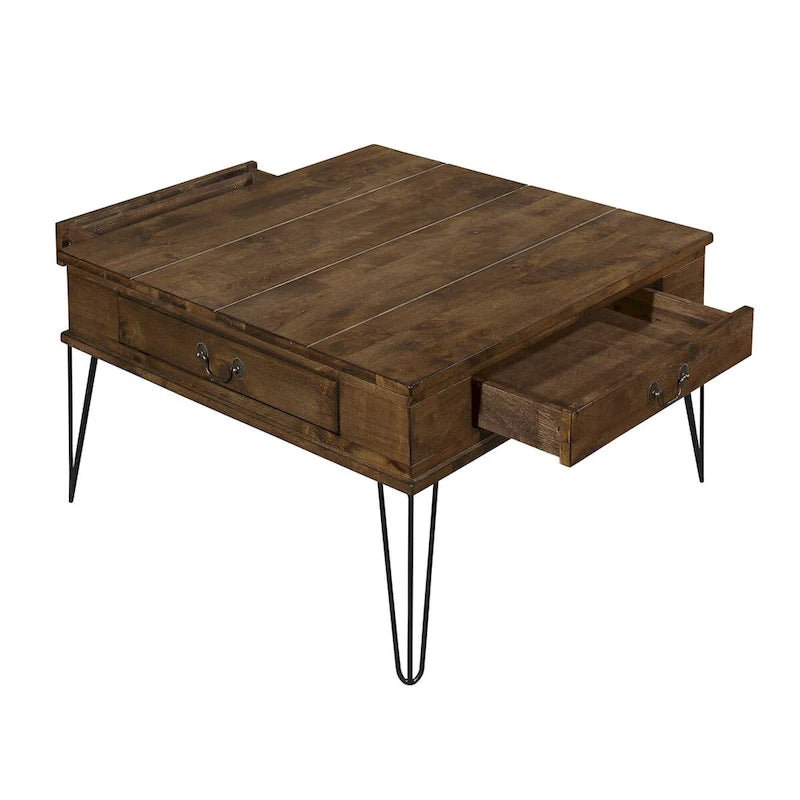 Quadratischer Cocktail-Couchtisch, 32 Zoll, mit 2 Schubladen, braunem Holz und schwarzen Elementen