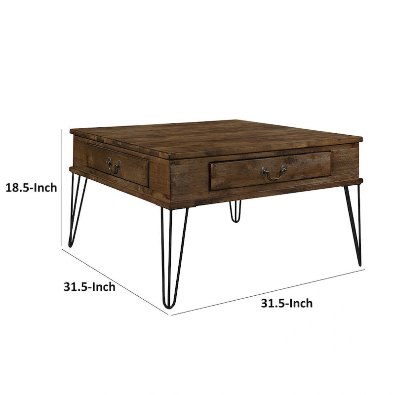 Quadratischer Cocktail-Couchtisch, 32 Zoll, mit 2 Schubladen, braunem Holz und schwarzen Elementen