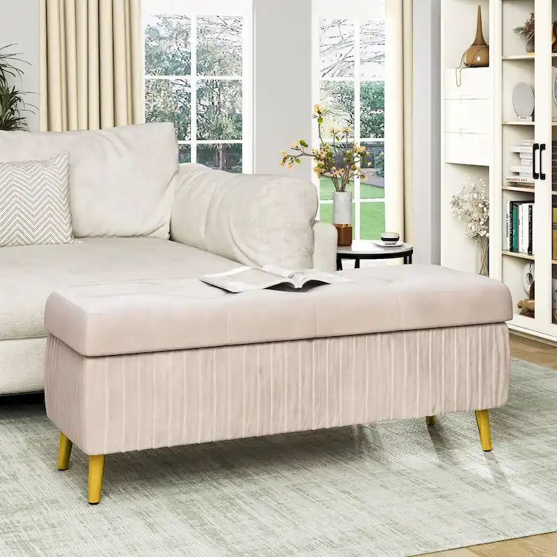 Modern Tufted Storage Ottoman Bench, Velvet Upholstered Storage Bench with Button Perfect for Bedroom, Living Room, Entryway