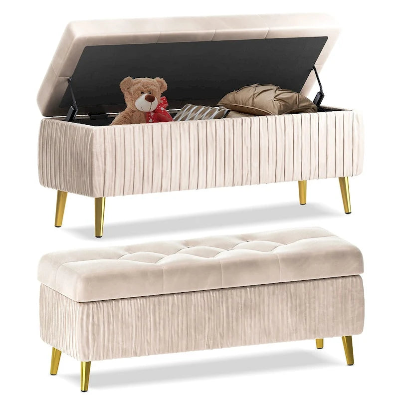 Banc coffre de rangement moderne capitonné en velours avec boutons, idéal pour la chambre, le salon ou l’entrée