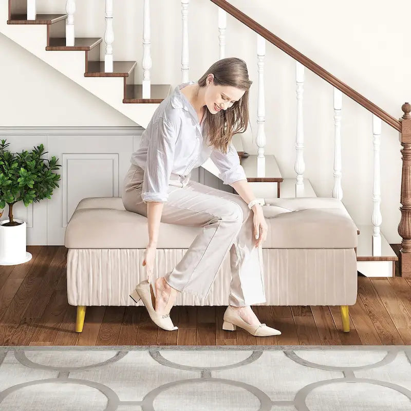 Banc coffre de rangement moderne capitonné en velours avec boutons, idéal pour la chambre, le salon ou l’entrée