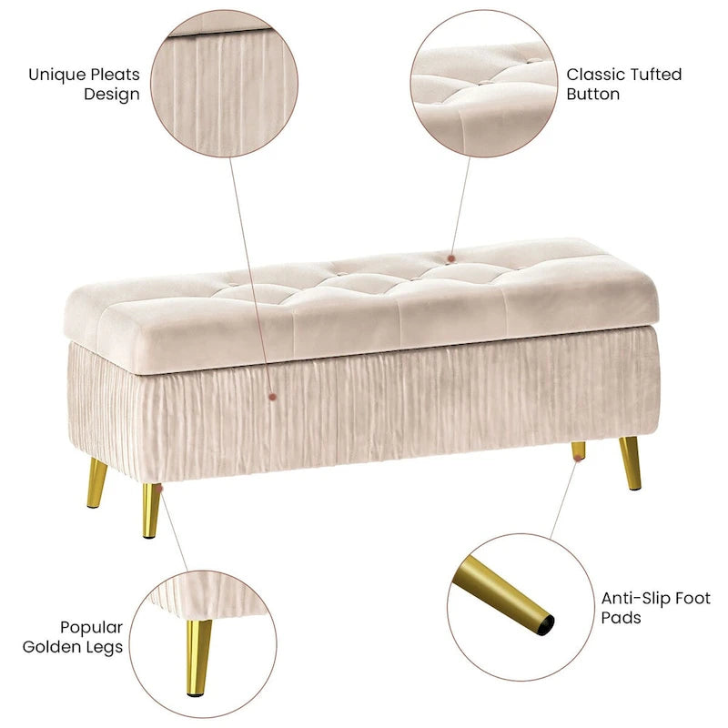 Banc coffre de rangement moderne capitonné en velours avec boutons, idéal pour la chambre, le salon ou l’entrée