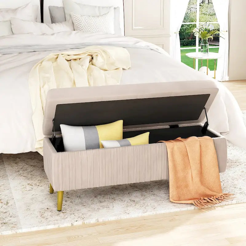 Banc coffre de rangement moderne capitonné en velours avec boutons, idéal pour la chambre, le salon ou l’entrée