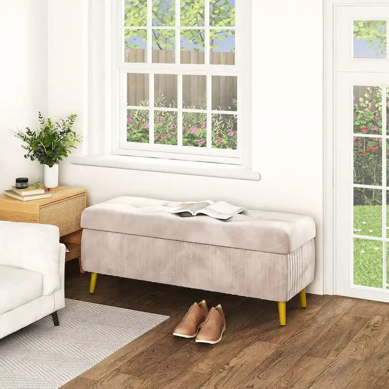 Banc coffre de rangement moderne capitonné en velours avec boutons, idéal pour la chambre, le salon ou l’entrée