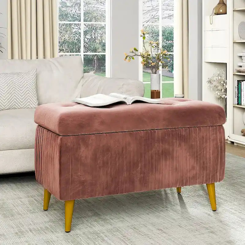 Banc coffre de rangement moderne capitonné en velours avec boutons, idéal pour la chambre, le salon ou l’entrée