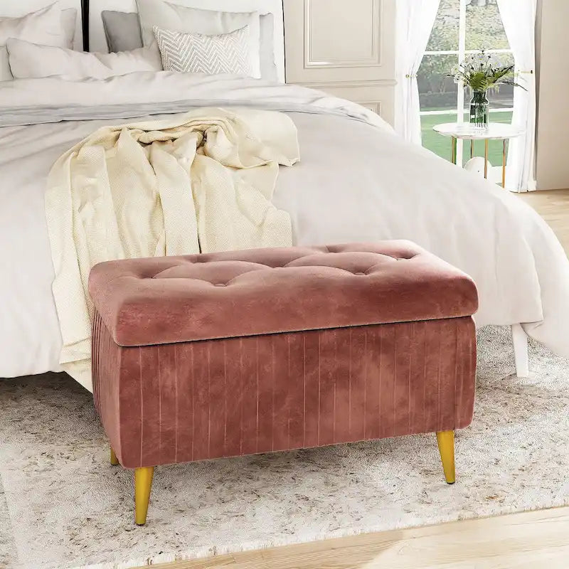 Banc coffre de rangement moderne capitonné en velours avec boutons, idéal pour la chambre, le salon ou l’entrée