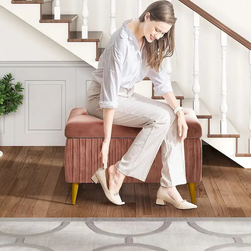 Banc coffre de rangement moderne capitonné en velours avec boutons, idéal pour la chambre, le salon ou l’entrée