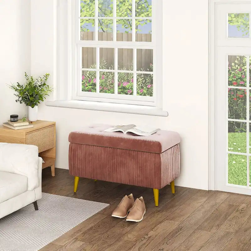 Banc coffre de rangement moderne capitonné en velours avec boutons, idéal pour la chambre, le salon ou l’entrée