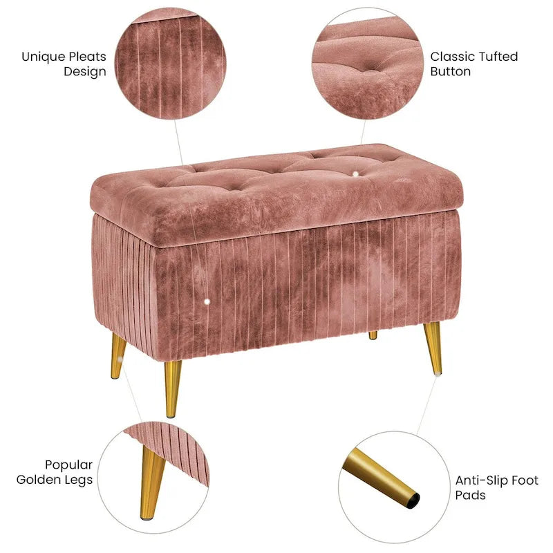 Banc coffre de rangement moderne capitonné en velours avec boutons, idéal pour la chambre, le salon ou l’entrée