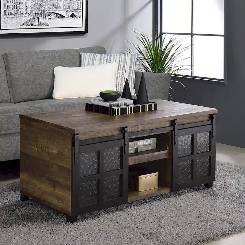 Couchtisch in rustikaler Eichenoptik mit schwarzem Finish und undurchsichtigem Glas - 47L X 24W X 23H