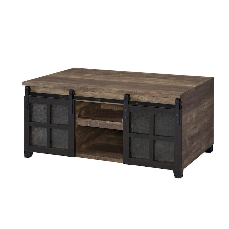 Mesa de centro con acabado en roble rústico y negro y vidrio opaco - 47L X 24W X 23H
