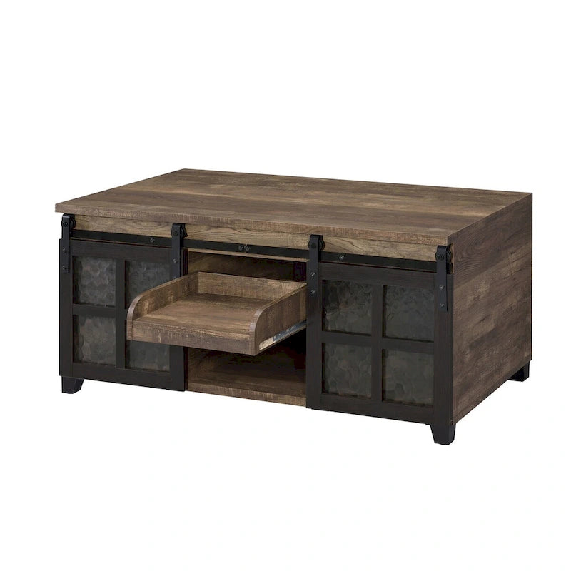 Mesa de centro con acabado en roble rústico y negro y vidrio opaco - 47L X 24W X 23H
