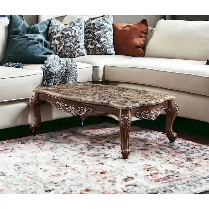 Table basse marron et chêne avec imitation marbre, en bois massif et bois manufacturé - 57