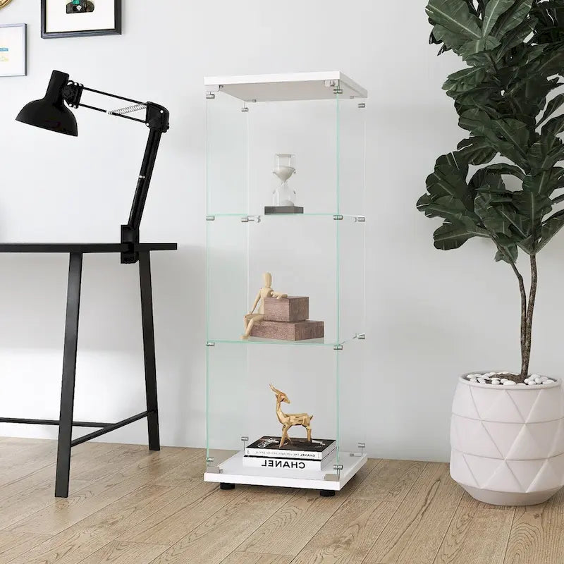 Vitrina de cristal con 3 estantes y una puerta, blanca, independiente, de instalación rápida